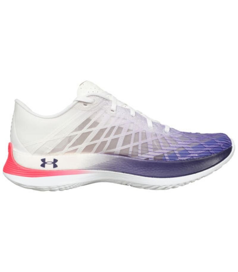 under armour running shoes in white with purple fading pattern and orange details 